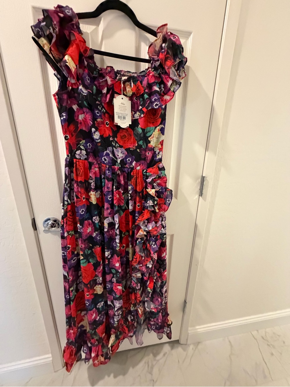 Ivy City Co Red, Purple & Green Floral Ruffle Maxi Dress